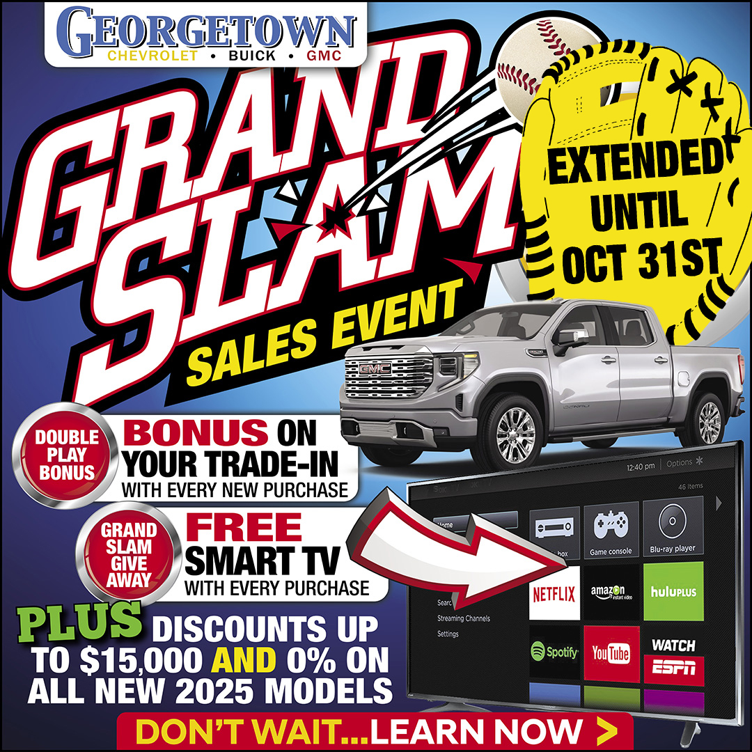 image of Georgetown Chevrolets Grand Slam Sales Event ad, with baseball imagery and discounts up to $15000 on new vehicles